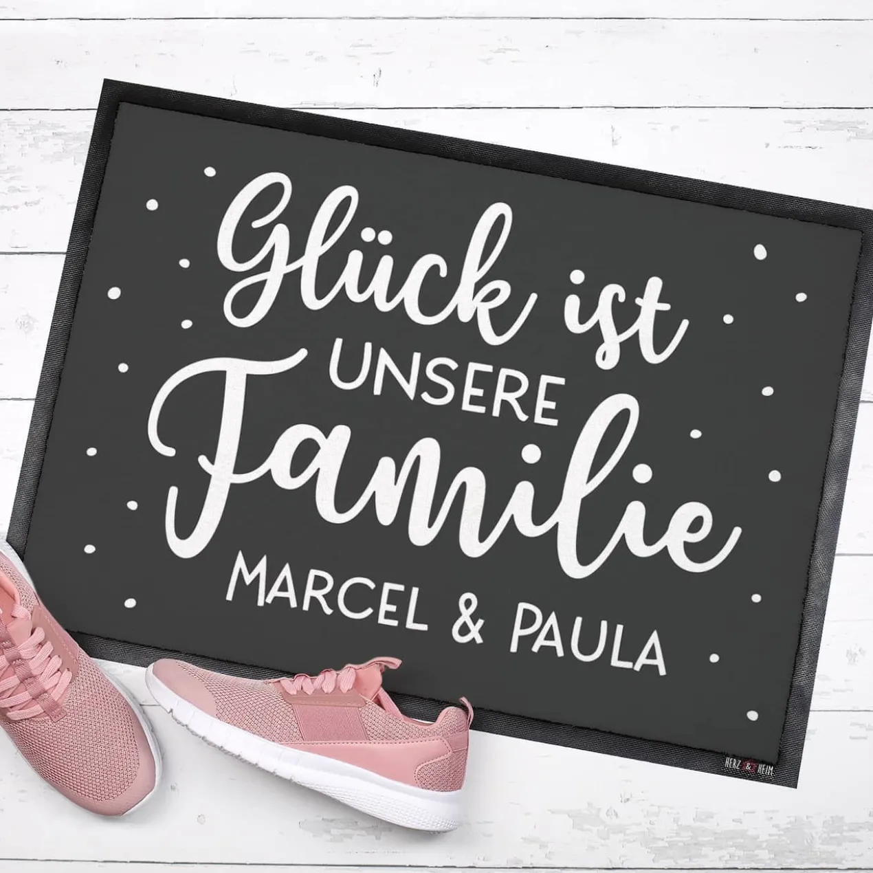 Glück ist unsere Familie - Fußmatte mit Ihrem Wunschtext