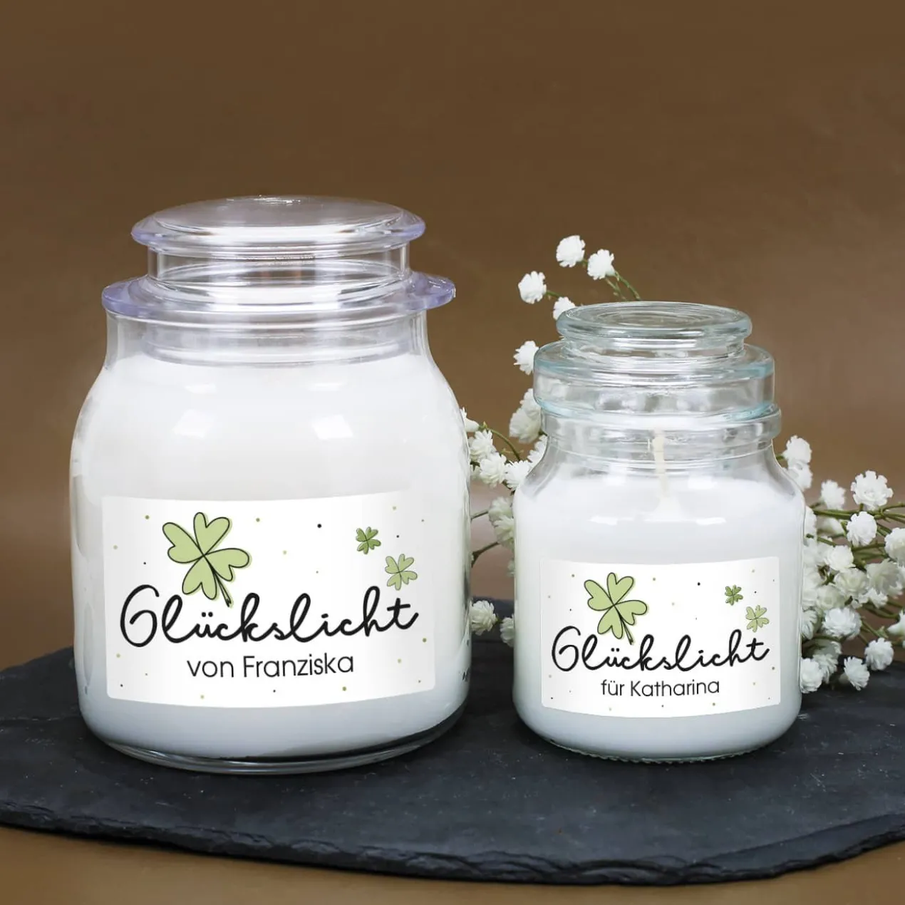 Glückslicht - Duftkerze im Glas mit Ihrem Wunschaufdruck