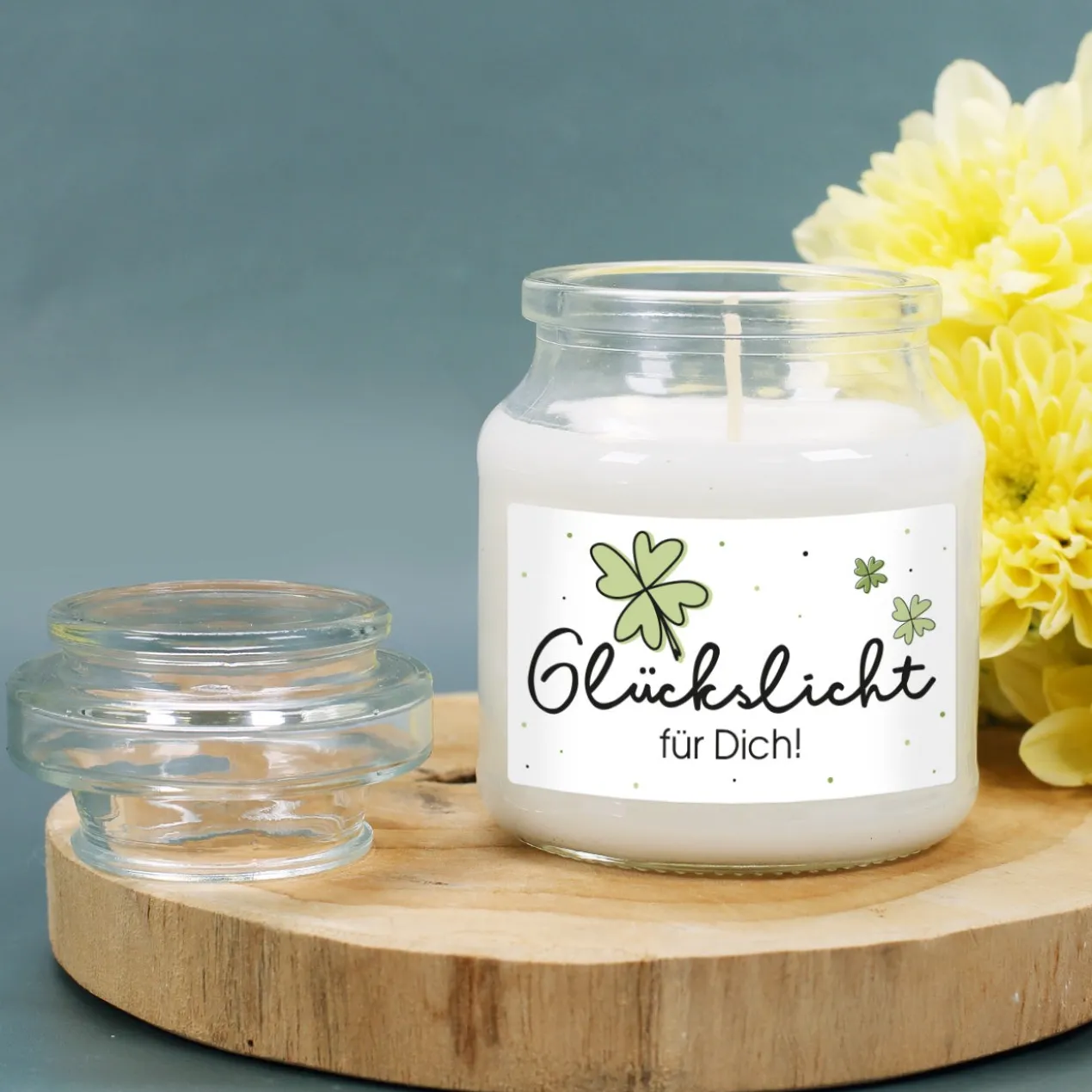 Glückslicht - Duftkerze im Glas mit Ihrem Wunschaufdruck