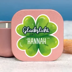 Glückslicht mit Name personalisiert | Mini Duftkerze mit Kleeblatt als Geschenk für Frauen & Männer
