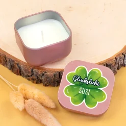 Glückslicht mit Name personalisiert | Mini Duftkerze mit Kleeblatt als Geschenk für Frauen & Männer