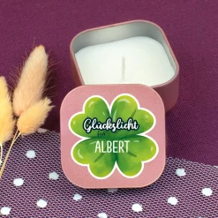 Glückslicht mit Name personalisiert | Mini Duftkerze mit Kleeblatt als Geschenk für Frauen & Männer