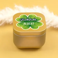 Glückslicht mit Name personalisiert | Mini Duftkerze mit Kleeblatt als Geschenk für Frauen & Männer