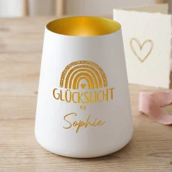 Glückslicht mit Regenbogen & Name personalisiert als Geschenk | Deko Windlicht mit Gravur u. Farbwahl