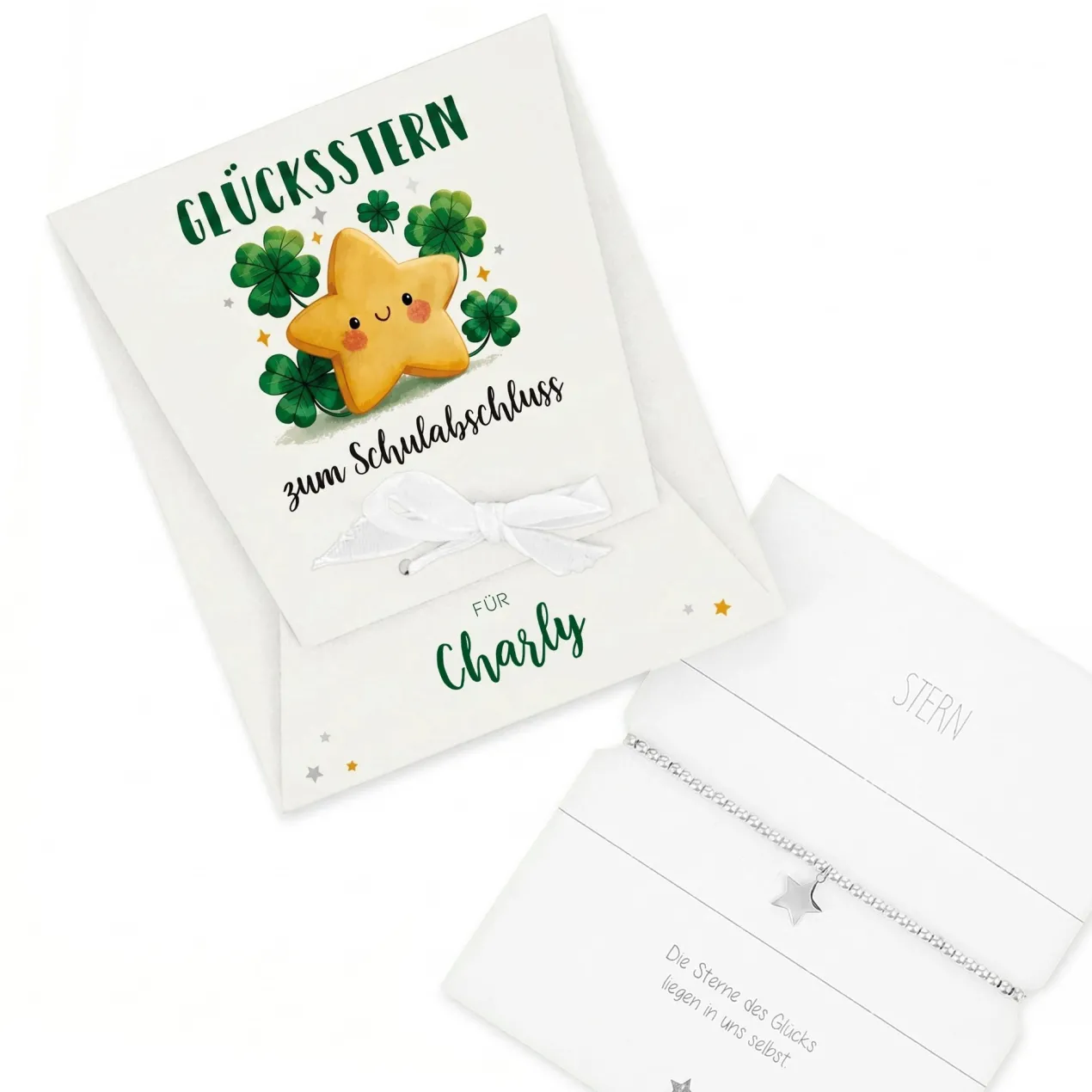 Glücksstern mit Stern Armband in personalisierter Geschenkverpackung | Glücksbringer Geschenk