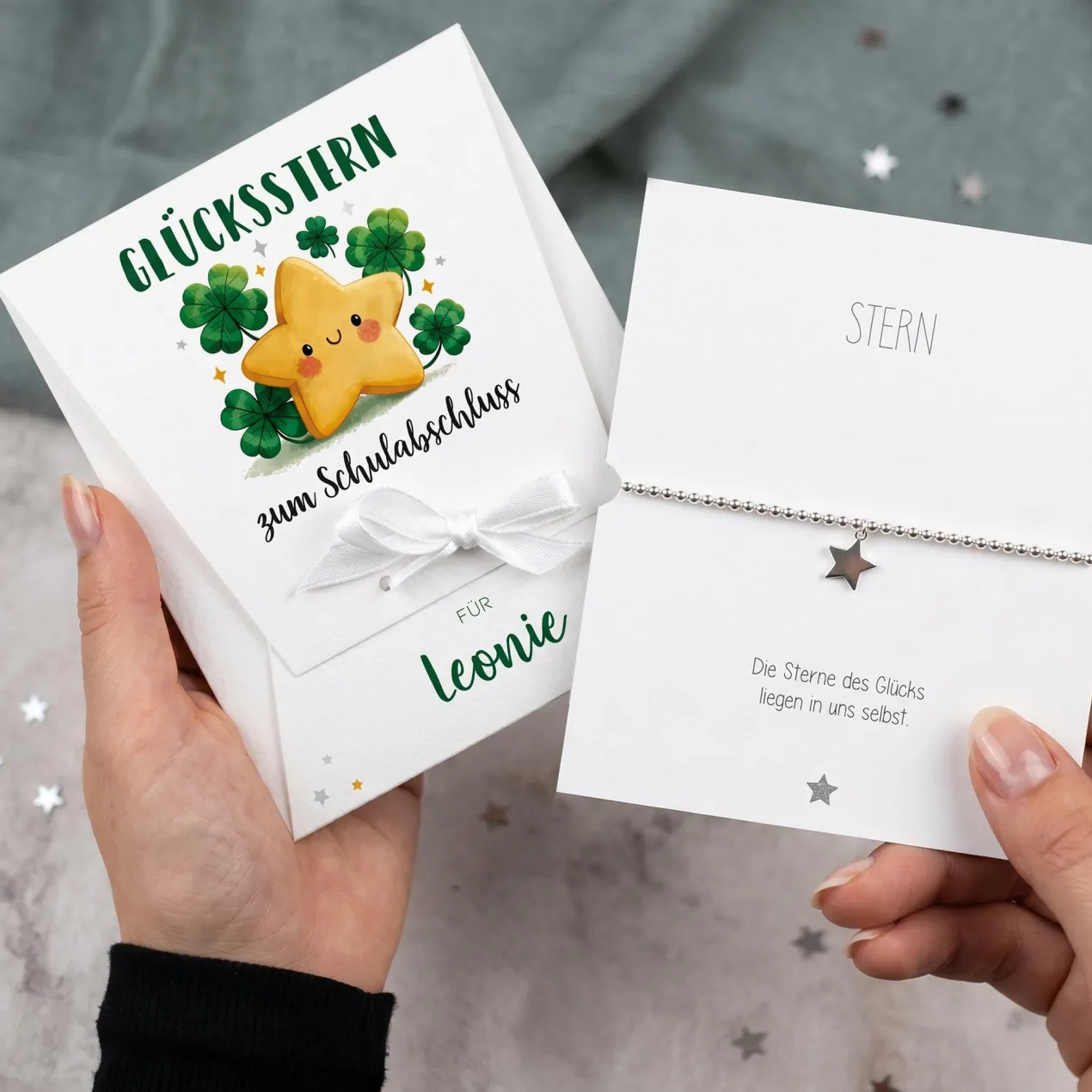 Glücksstern mit Stern Armband in personalisierter Geschenkverpackung | Glücksbringer Geschenk