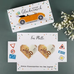 Glückwunschbox für Geldgeschenk zum Führerschein mit Name & Wunschtext