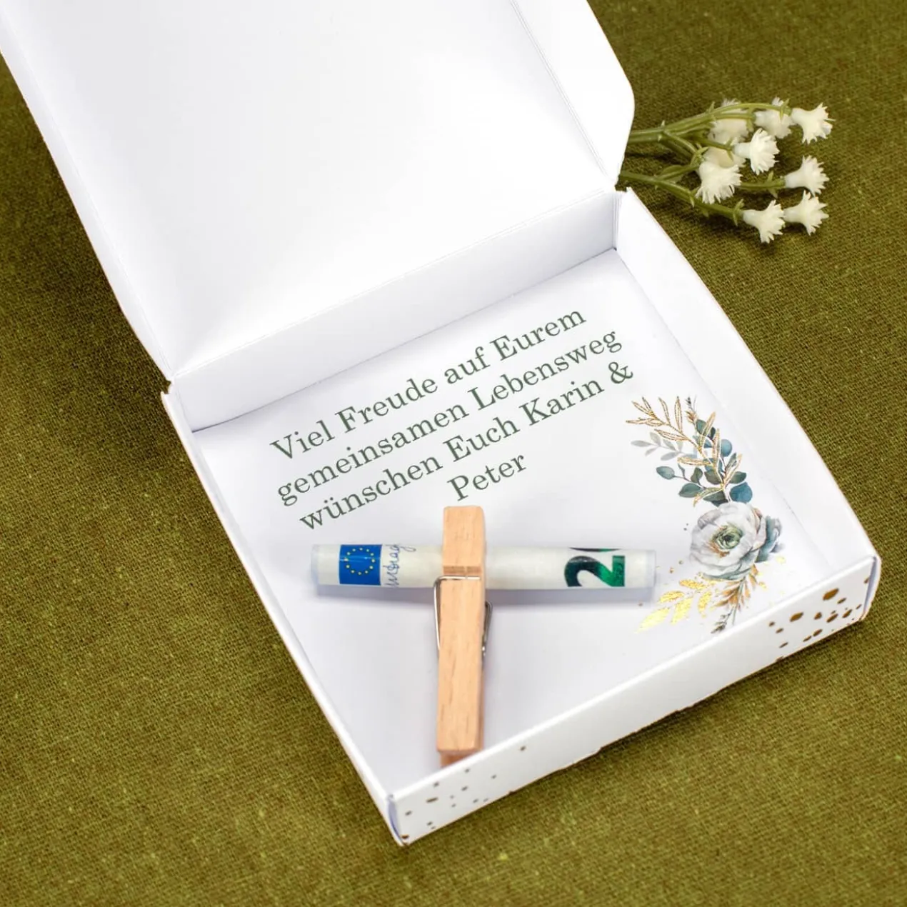 Glückwunsch - Geldgeschenkbox zu vielen Anlässen - mit Goldprägung, Blumen und Wunschtext
