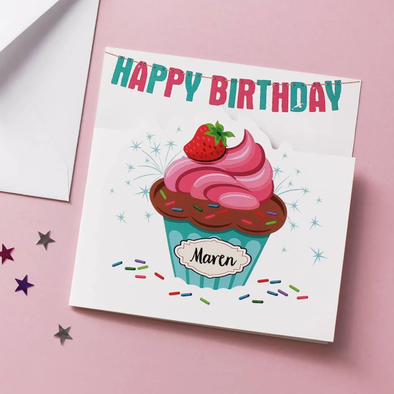 Glückwunschkarte mit Cupcake und Name - Happy Birthday