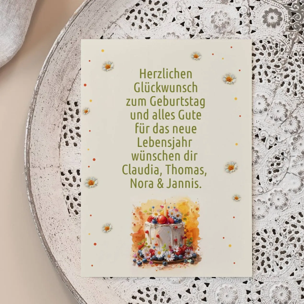 Glückwunschkarte zum Geburtstag mit Torte & Wunschtext
