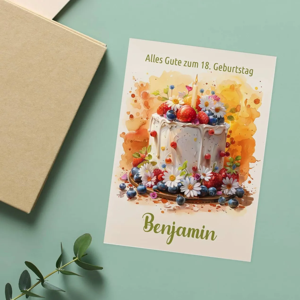 Glückwunschkarte zum Geburtstag mit Torte & Wunschtext