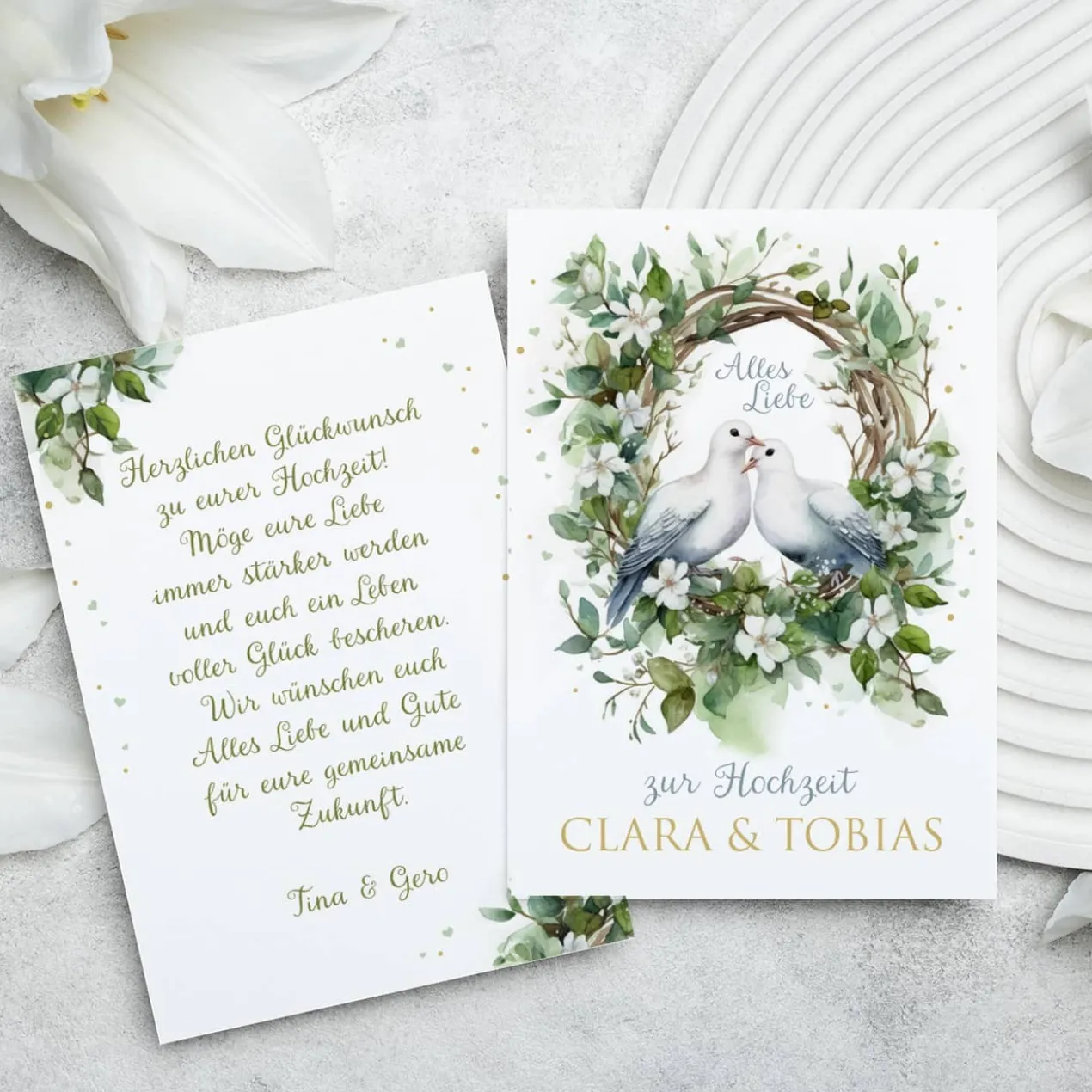 Glückwunschkarte zur Hochzeit mit Tauben & Ihrem Text
