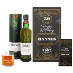 Glenfiddich Geschenkset zum Geburtstag mit Whiskyglas, Schokolade und Box