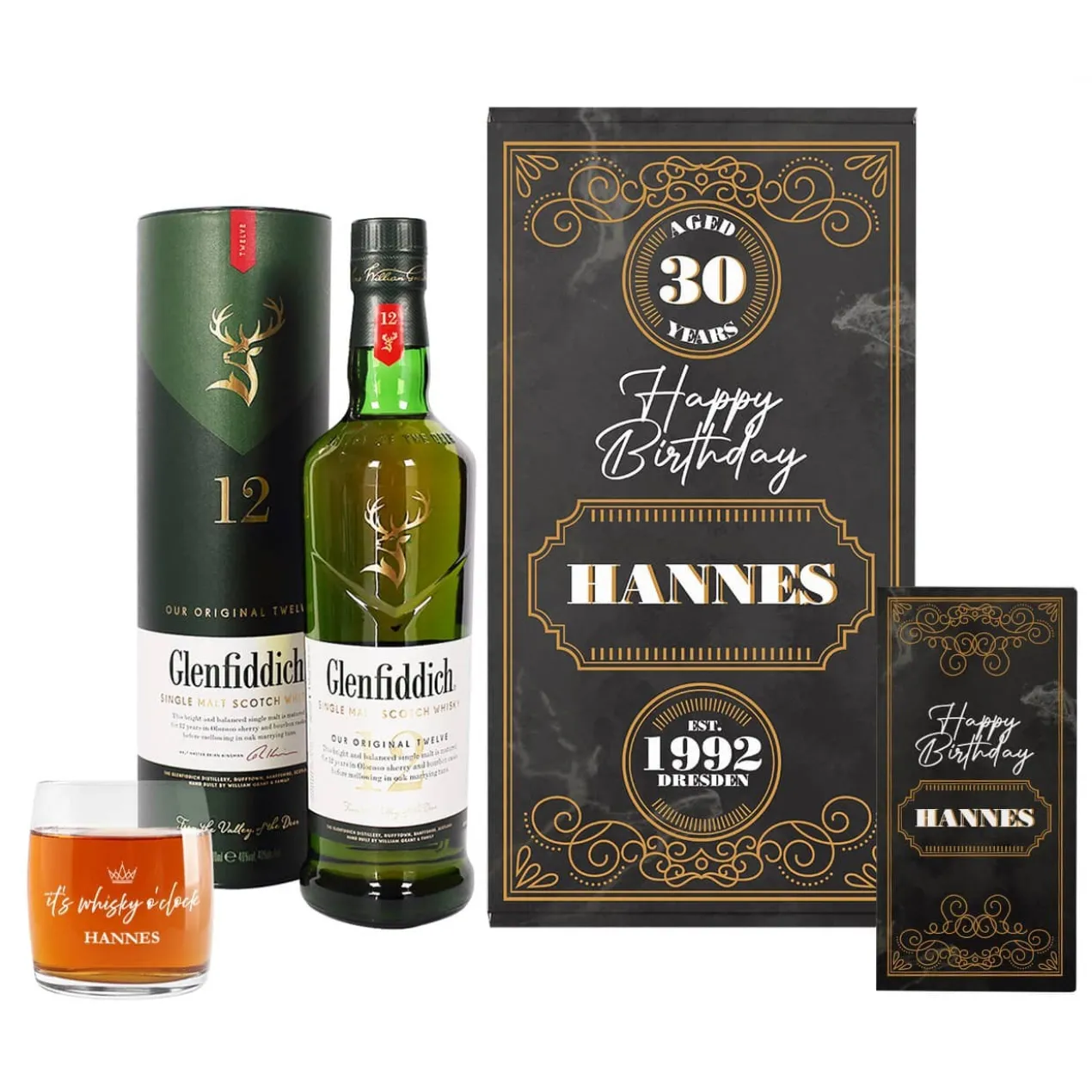 Glenfiddich Geschenkset zum Geburtstag mit Whiskyglas, Schokolade und Box
