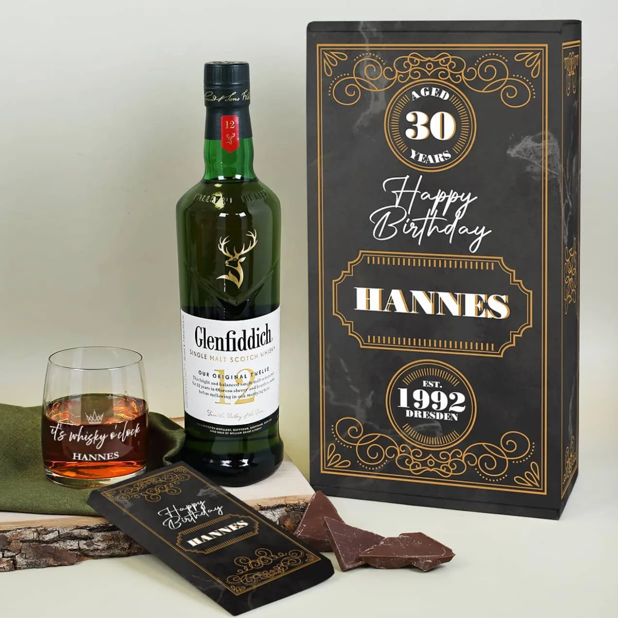 Glenfiddich Geschenkset zum Geburtstag mit Whiskyglas, Schokolade und Box