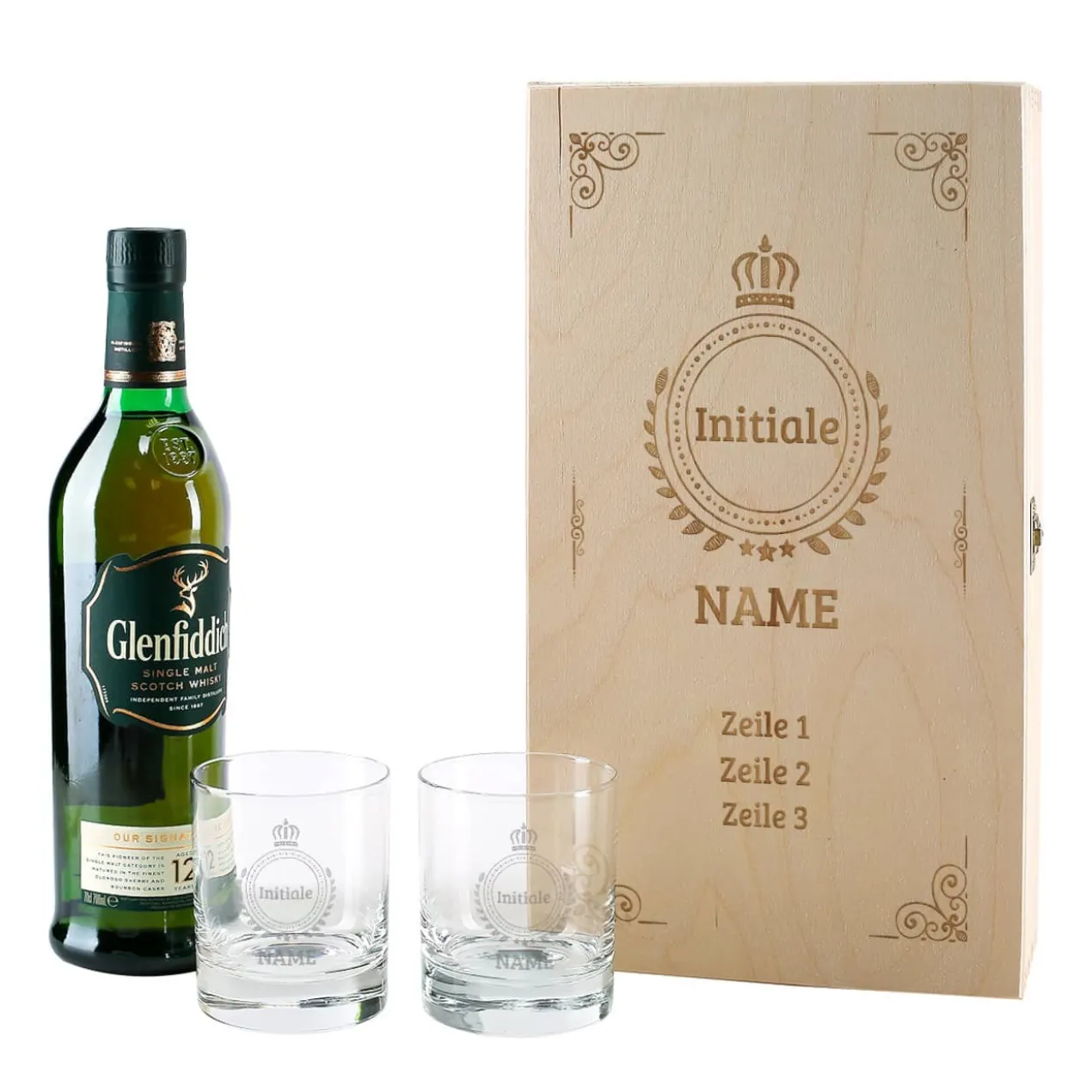 Glenfiddich Whisky Geschenkset mit Monogramm, Name und Wunschtext graviert