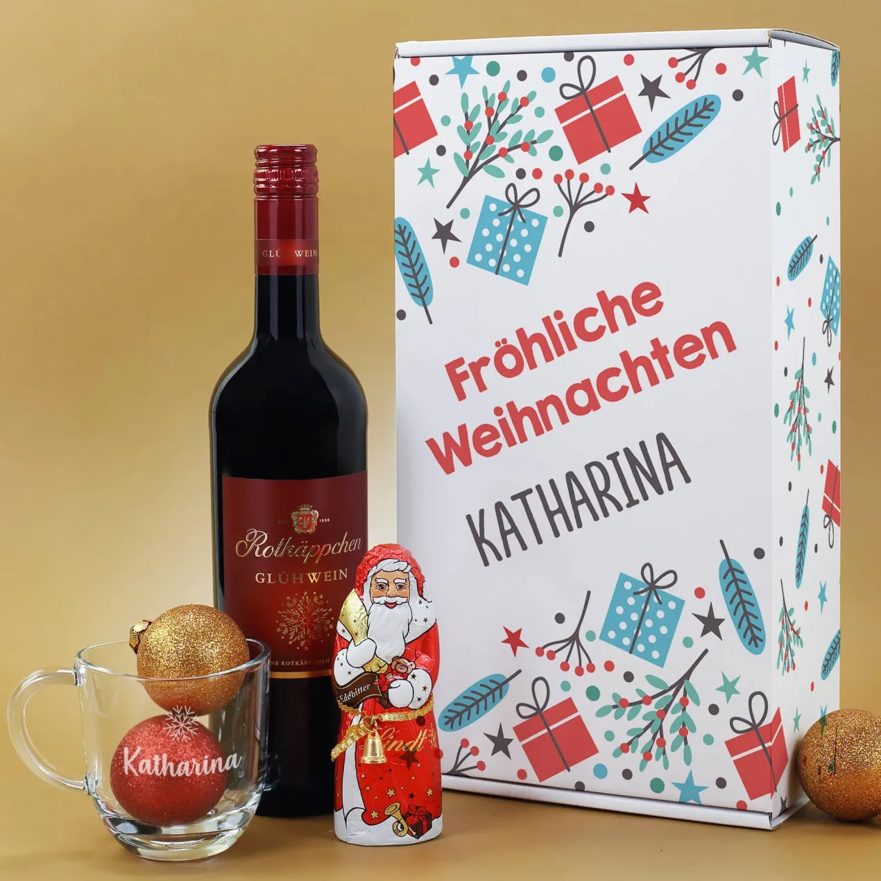 Glühweinset - Fröhliche Weihnachten - mit Lindt Schokofigur und graviertem Glas
