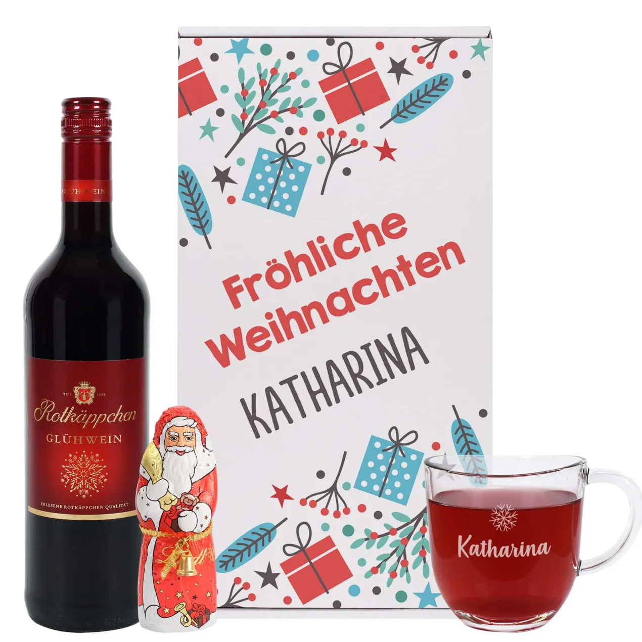 Glühweinset - Fröhliche Weihnachten - mit Lindt Schokofigur und graviertem Glas