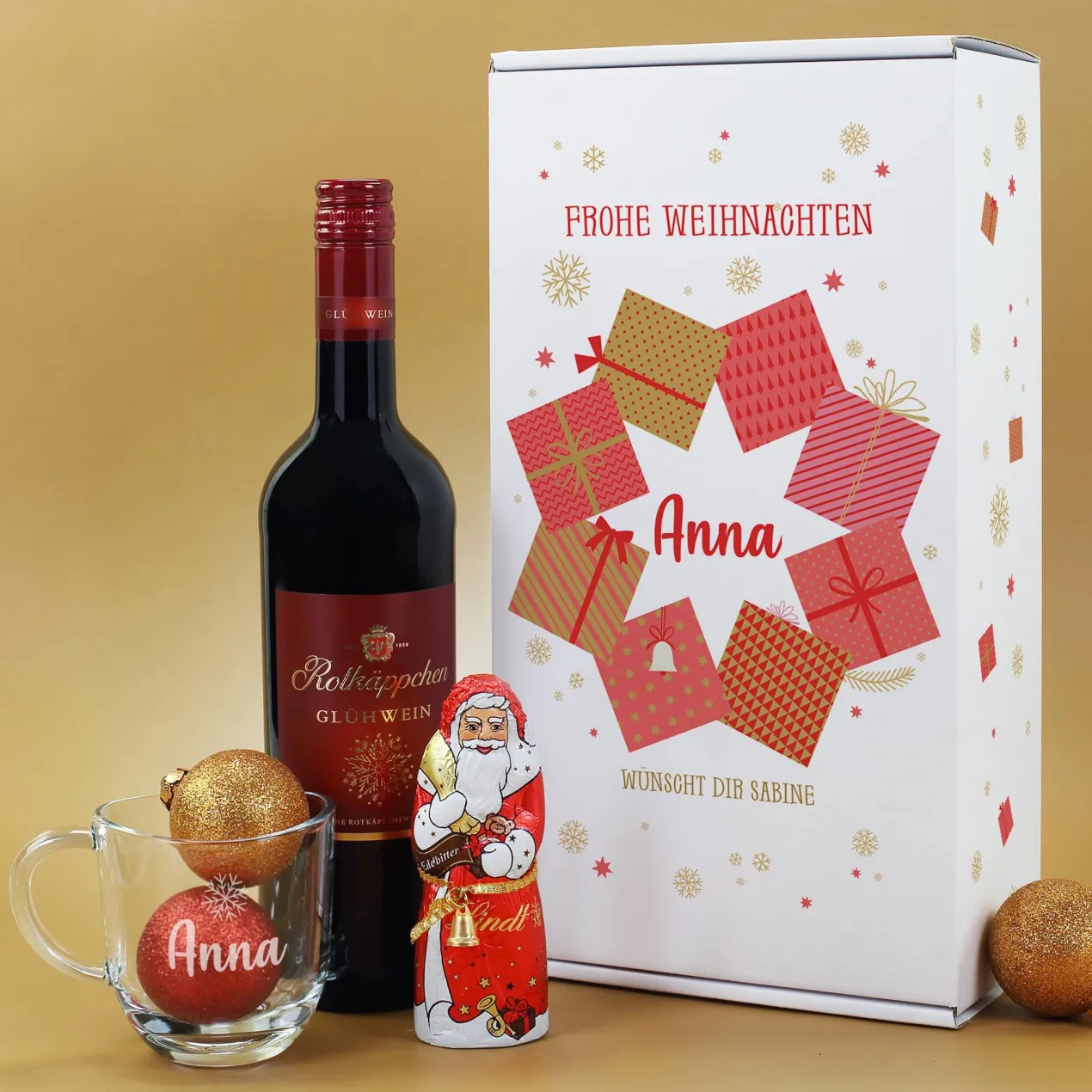Glühweinset mit graviertem Glas und Lindt Schokoweihnachtsmann in persönlicher Box