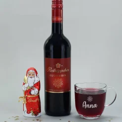 Glühweinset mit graviertem Glas und Lindt Schokoweihnachtsmann in persönlicher Box