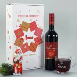 Glühweinset mit graviertem Glas und Lindt Schokoweihnachtsmann in persönlicher Box