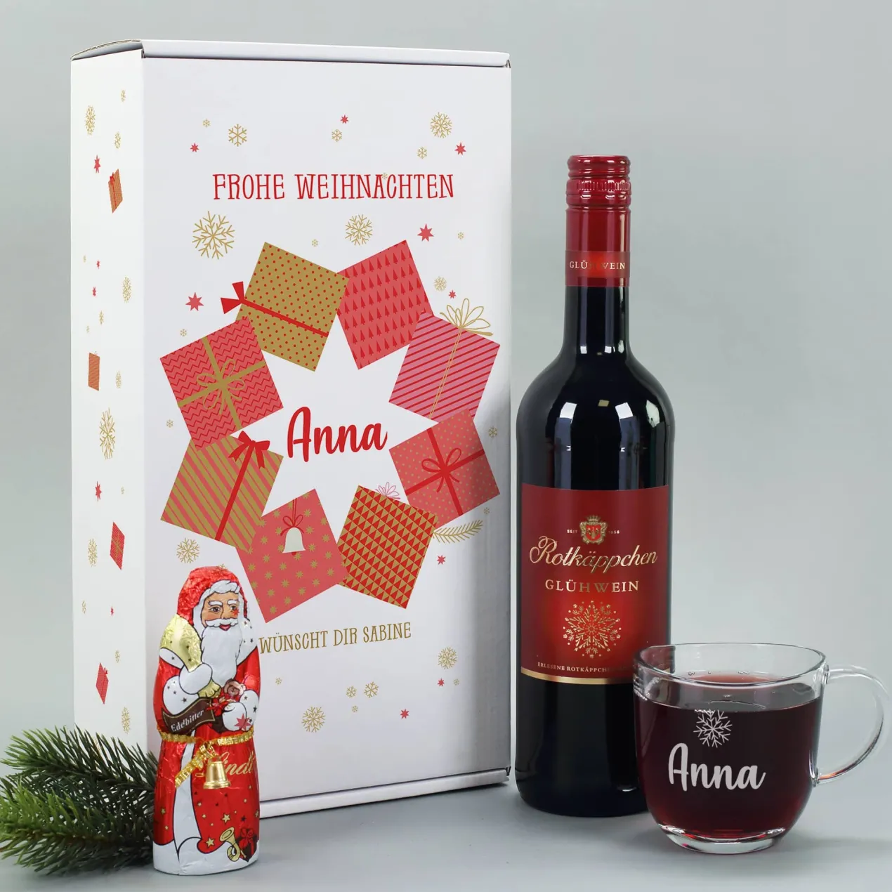 Glühweinset mit graviertem Glas und Lindt Schokoweihnachtsmann in persönlicher Box
