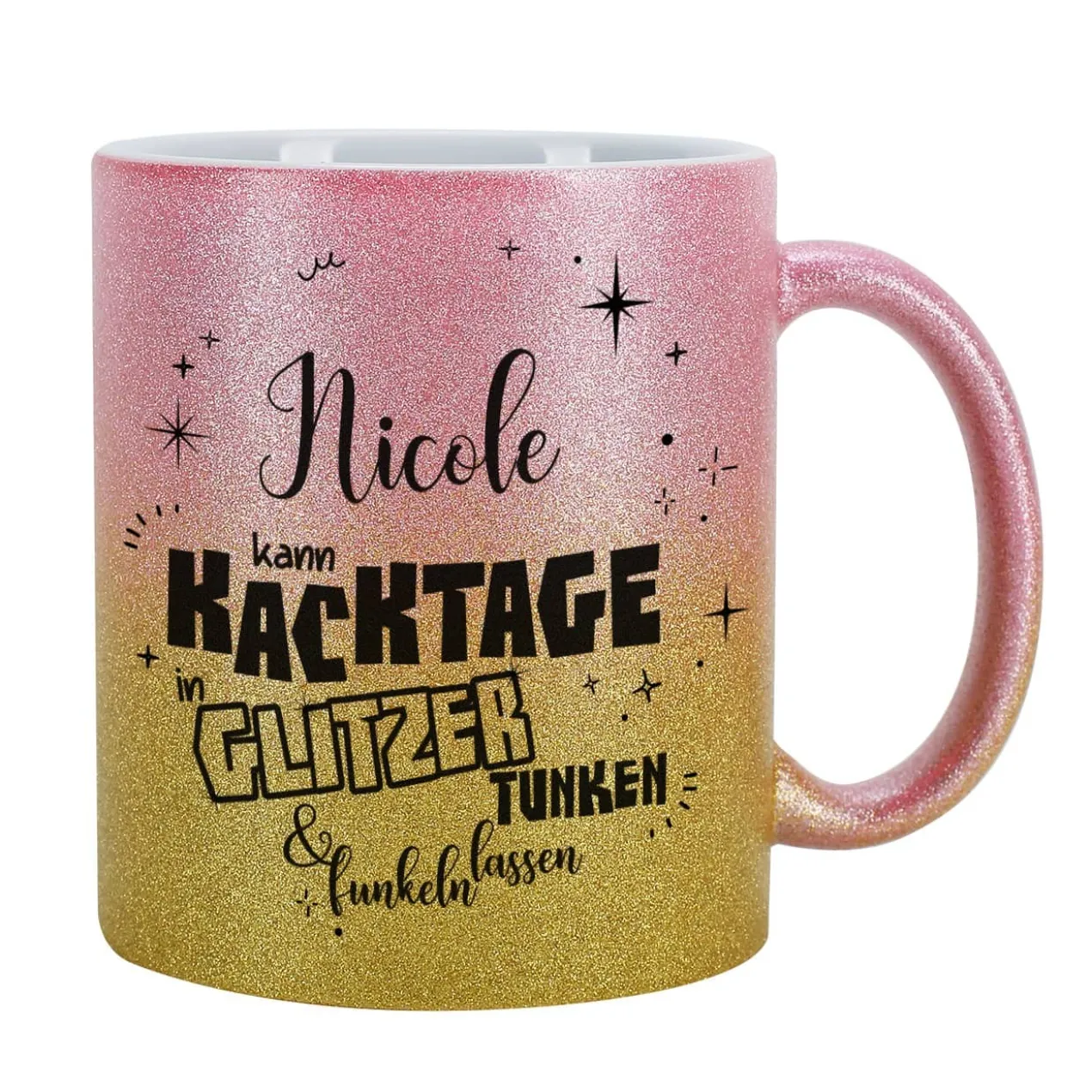 Glitzertasse in 3 Farben - Kacktage funkeln lassen - mit Name persönlich bedruckt