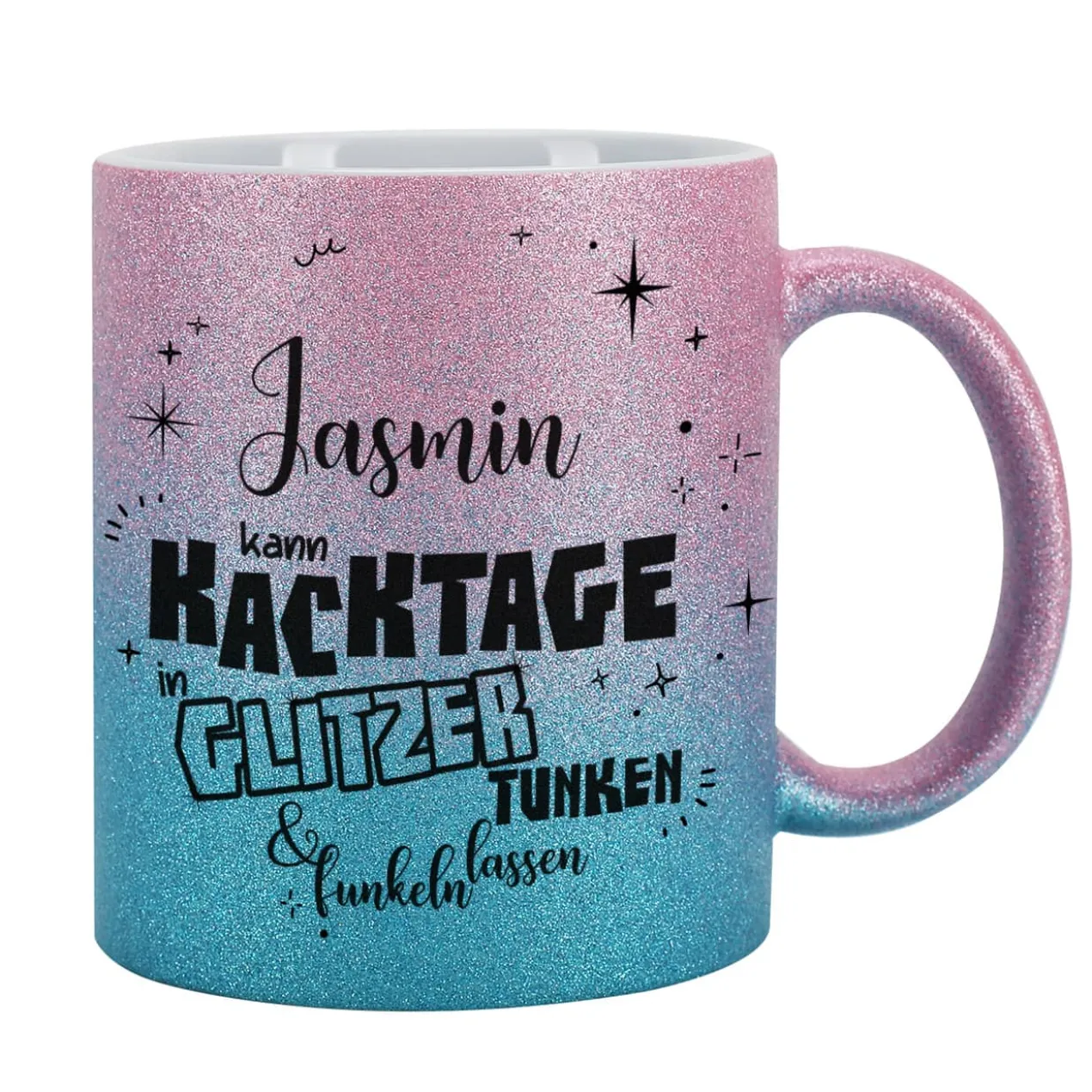 Glitzertasse in 3 Farben - Kacktage funkeln lassen - mit Name persönlich bedruckt