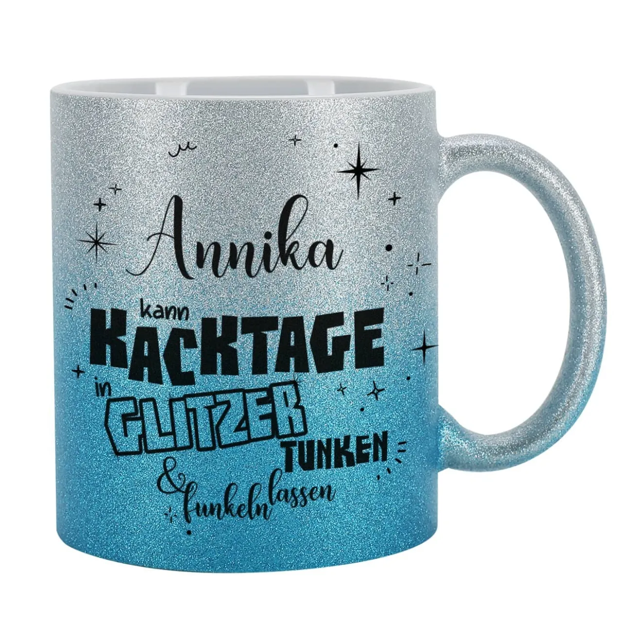 Glitzertasse in 3 Farben - Kacktage funkeln lassen - mit Name persönlich bedruckt