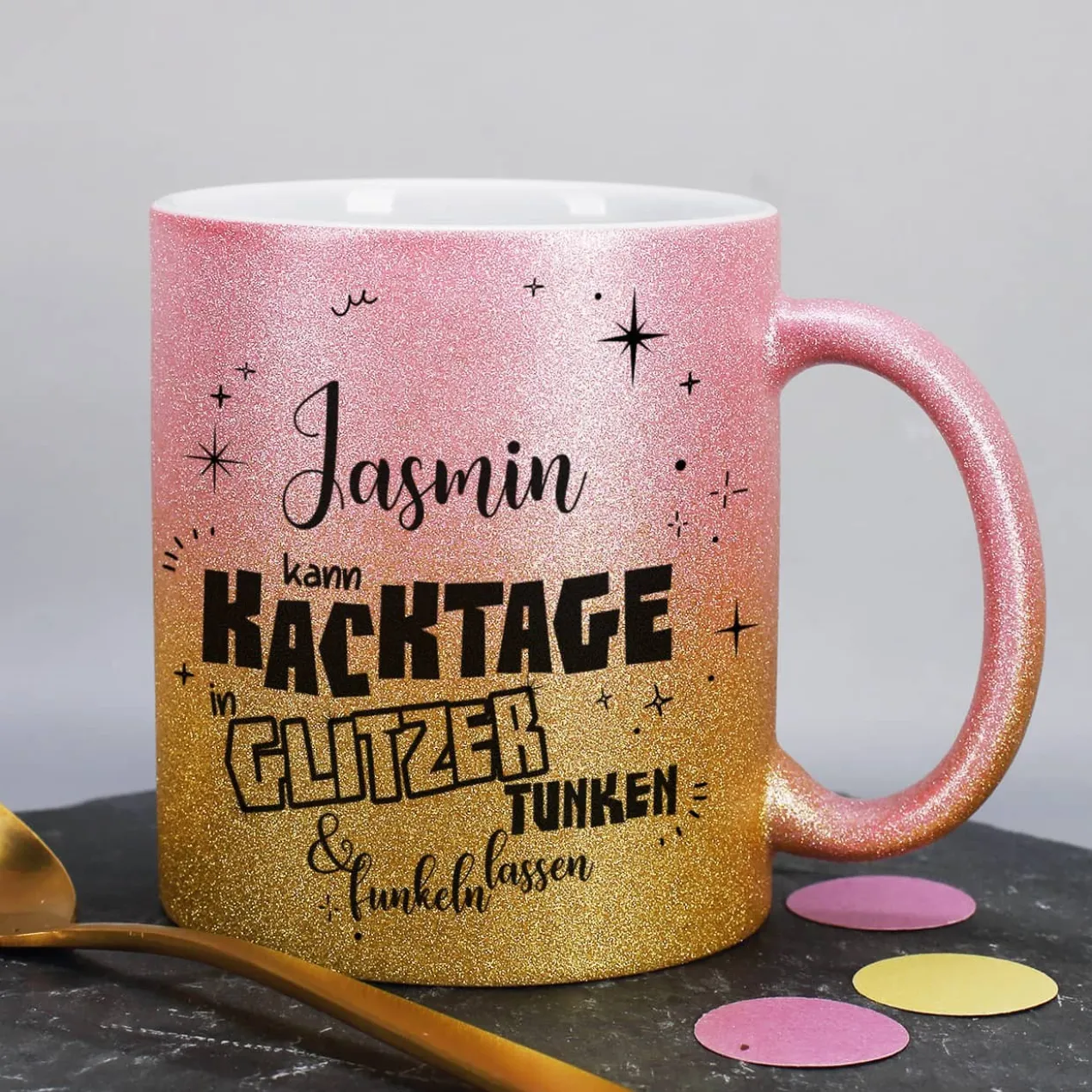 Glitzertasse in 3 Farben - Kacktage funkeln lassen - mit Name persönlich bedruckt