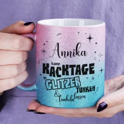Glitzertasse in 3 Farben - Kacktage funkeln lassen - mit Name persönlich bedruckt