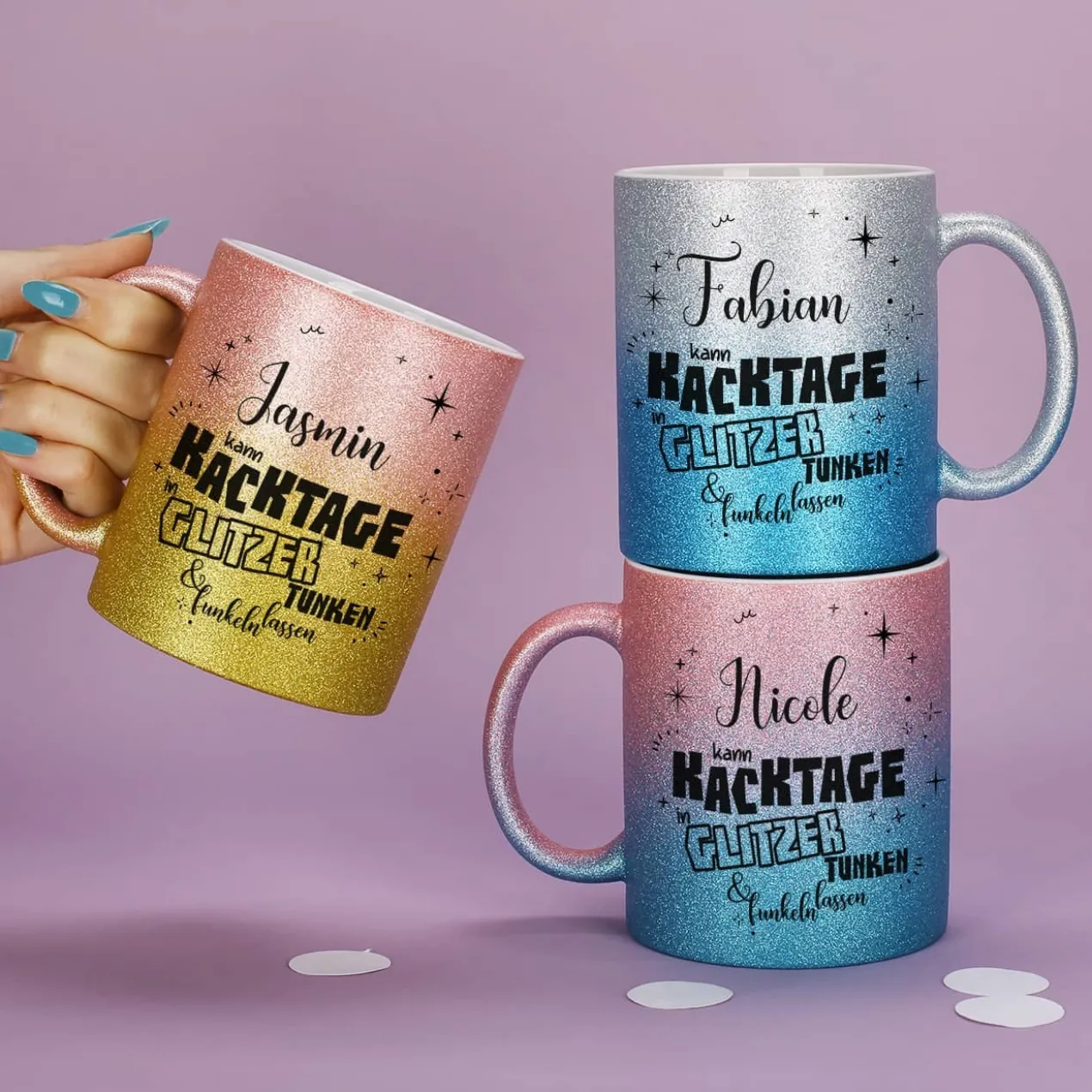 Glitzertasse in 3 Farben - Kacktage funkeln lassen - mit Name persönlich bedruckt