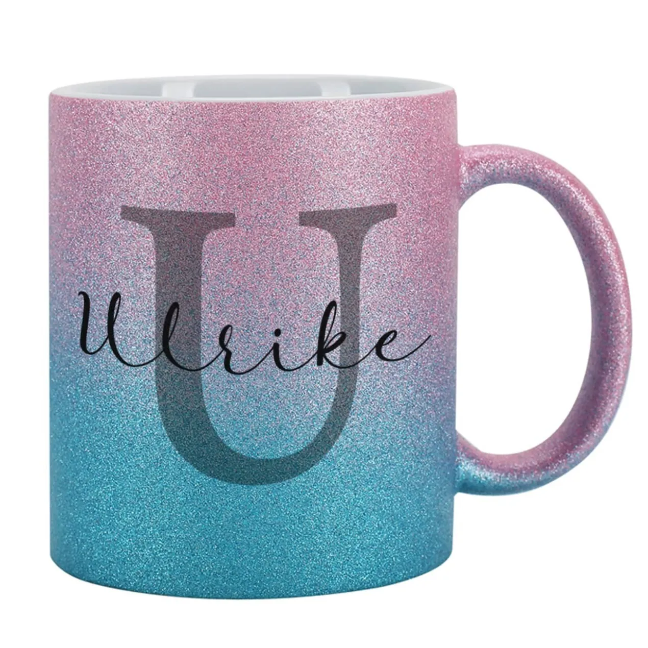Glitzertasse in 3 Farben mit Name und Initiale