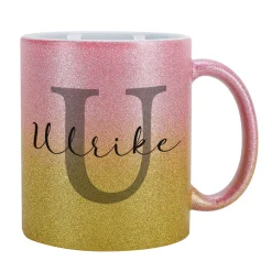 Glitzertasse in 3 Farben mit Name und Initiale