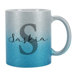 Glitzertasse in 3 Farben mit Name und Initiale