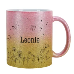 Glitzertasse mit Blumenwiese und Ihrem Wunschnamen bedruckt