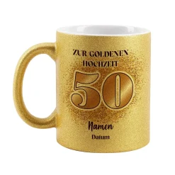 Glitzertasse zur goldenen Hochzeit mit Namen und Datum