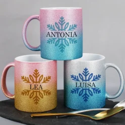 Glitzertasse zu Weihnachten mit Schneeflocke und Name bedruckt - 3 Farben zur Auswahl