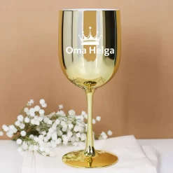 Glänzender Weinkelch in pink oder gold mit Krone und Wunschname