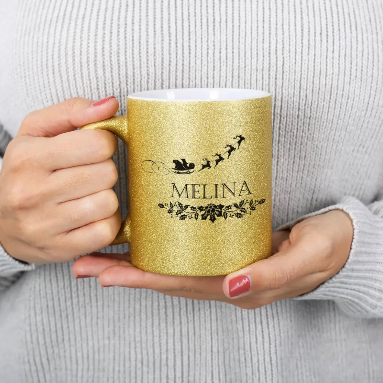 Goldene Glitzertasse - most wonderful time of the year - Weihnachtstasse mit Name
