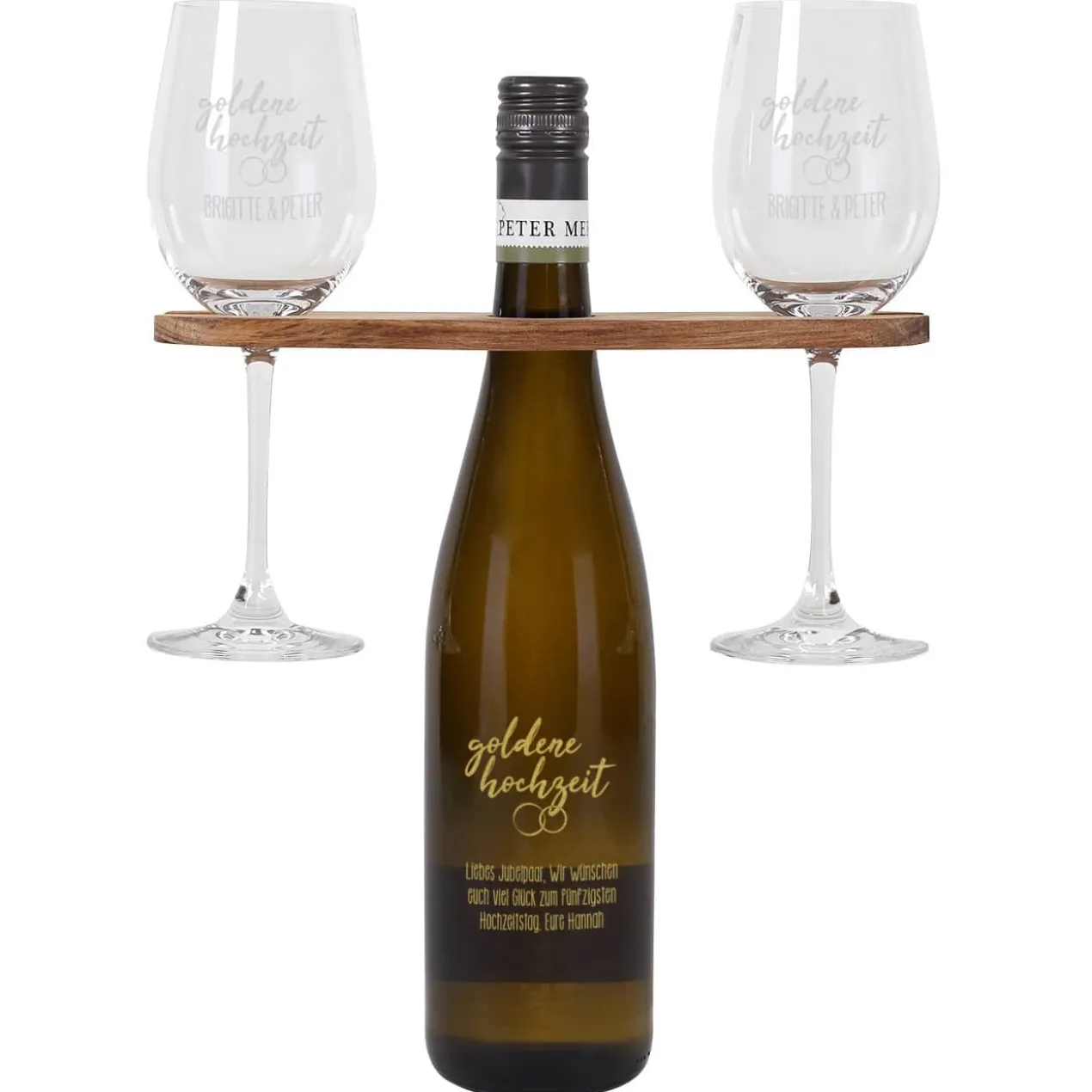 Goldene Hochzeit - Graviertes Geschenkset mit Weinflasche, Weingläsern und Weinbutler