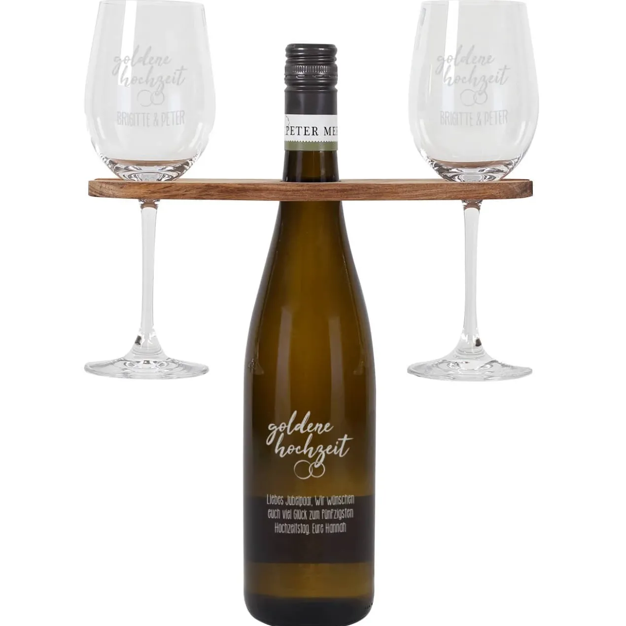 Goldene Hochzeit - Graviertes Geschenkset mit Weinflasche, Weingläsern und Weinbutler