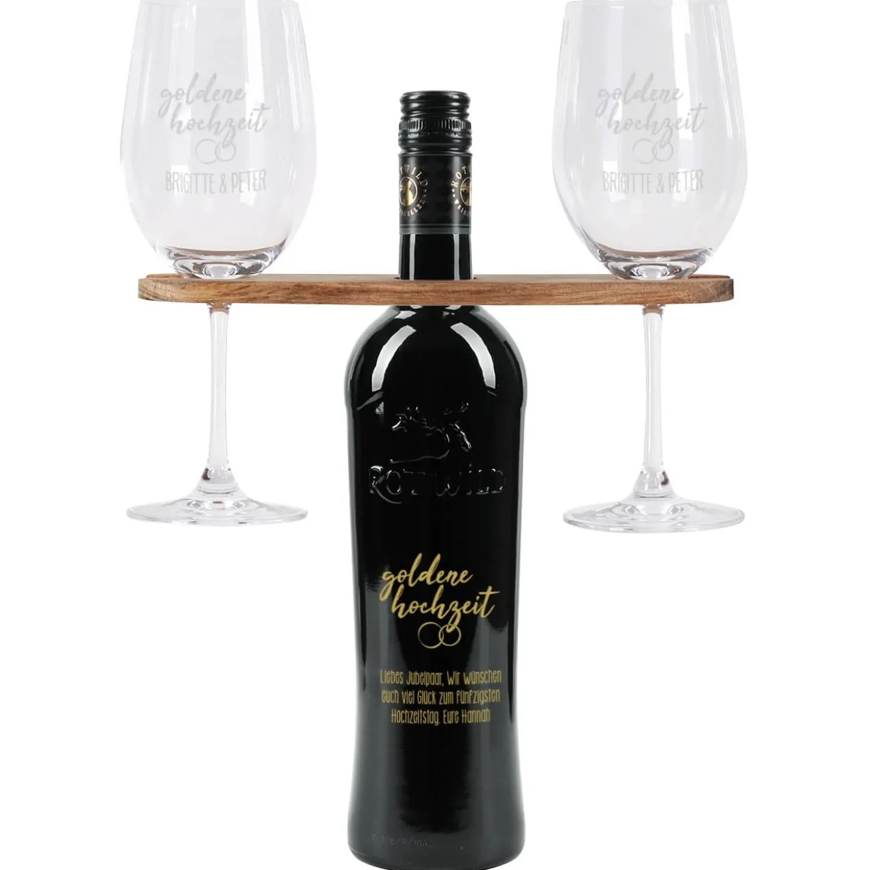Goldene Hochzeit - Graviertes Geschenkset mit Weinflasche, Weingläsern und Weinbutler