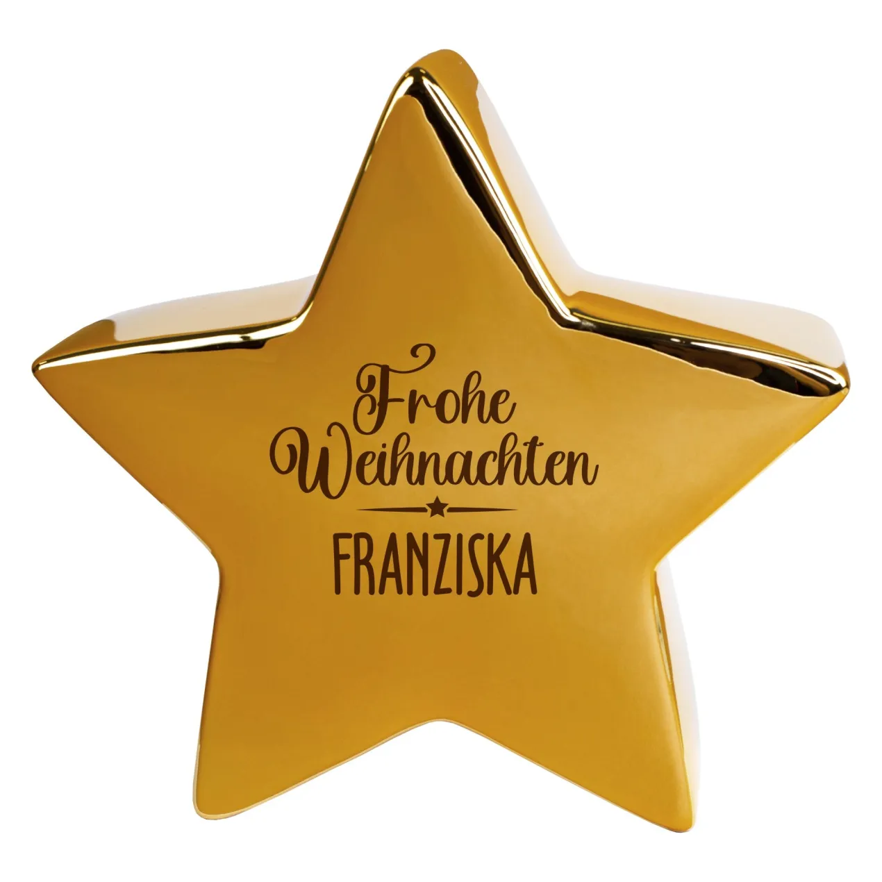 Goldfarbener Keramikstern von Leonardo ‚Frohe Weihnachten‘ personalisiert mit Name als Weihnachtsdeko | 20 cm