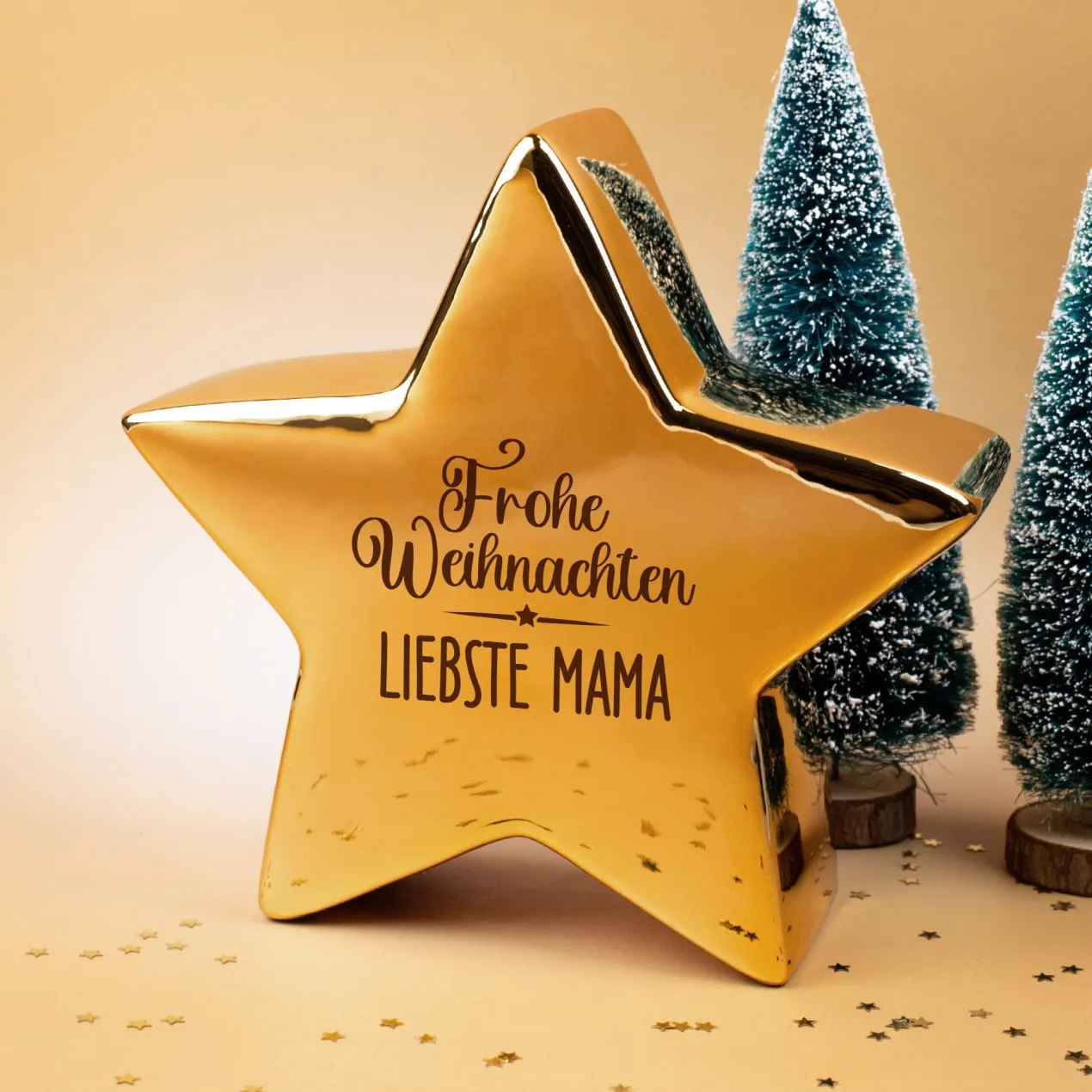 Goldfarbener Keramikstern von Leonardo ‚Frohe Weihnachten‘ personalisiert mit Name als Weihnachtsdeko | 20 cm