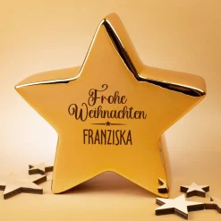 Goldfarbener Keramikstern von Leonardo ‚Frohe Weihnachten‘ personalisiert mit Name als Weihnachtsdeko | 20 cm
