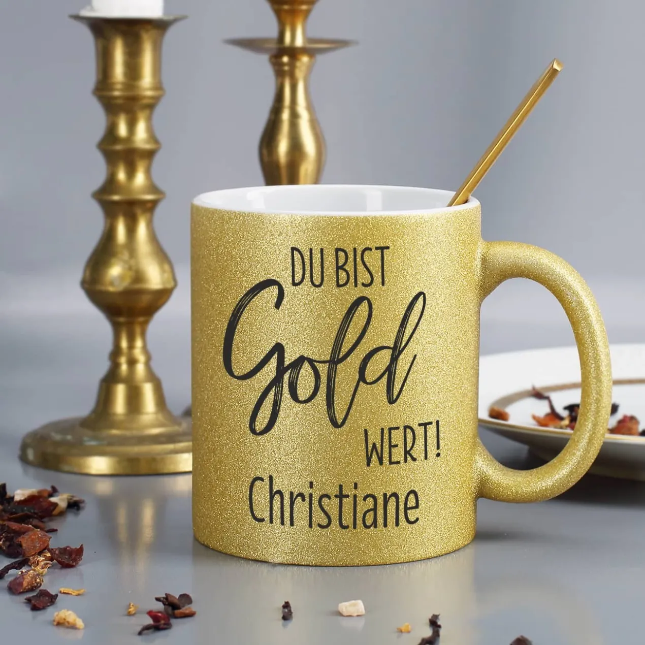 Goldtasse "Du bist Gold wert" mit Namen bedruckt
