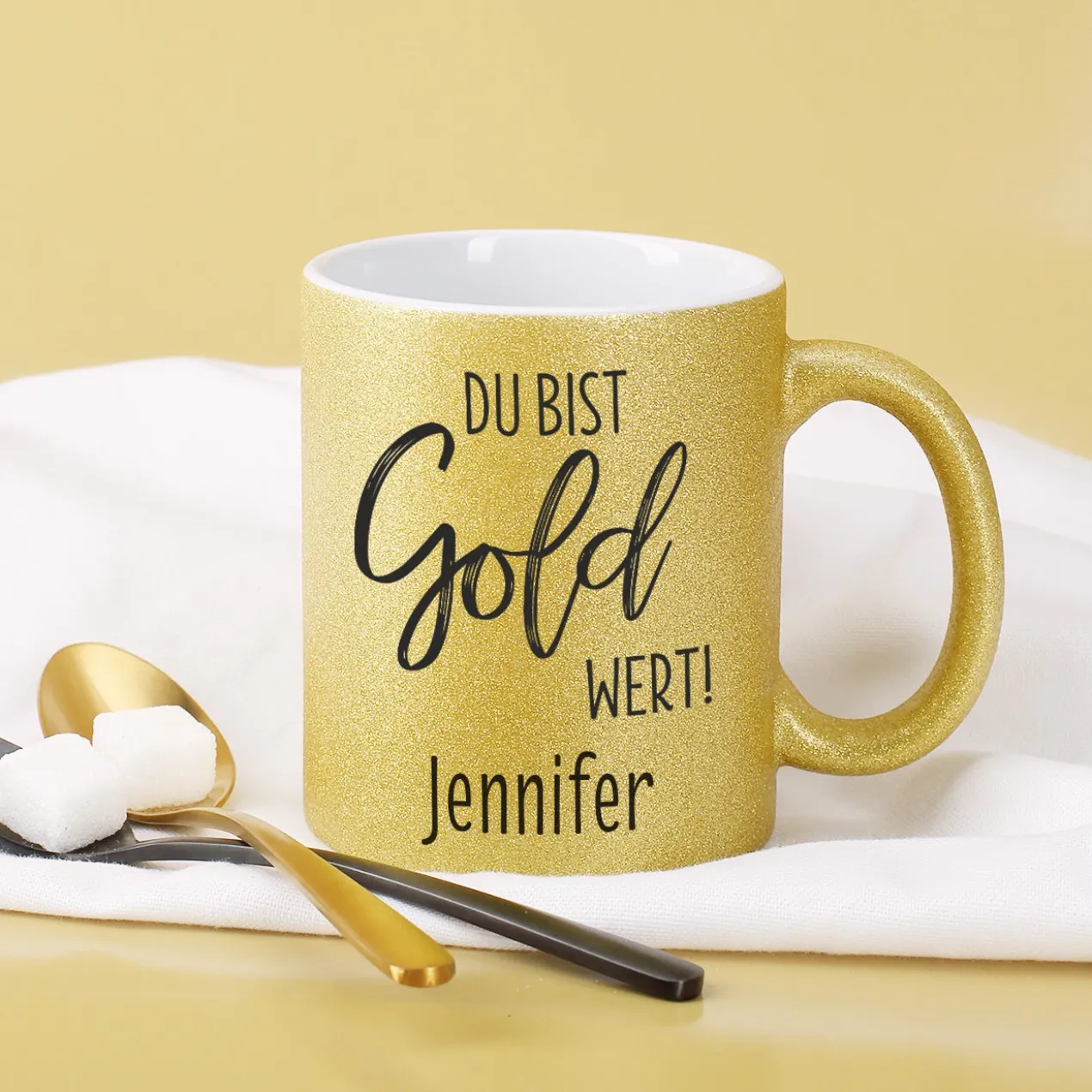 Goldtasse "Du bist Gold wert" mit Namen bedruckt