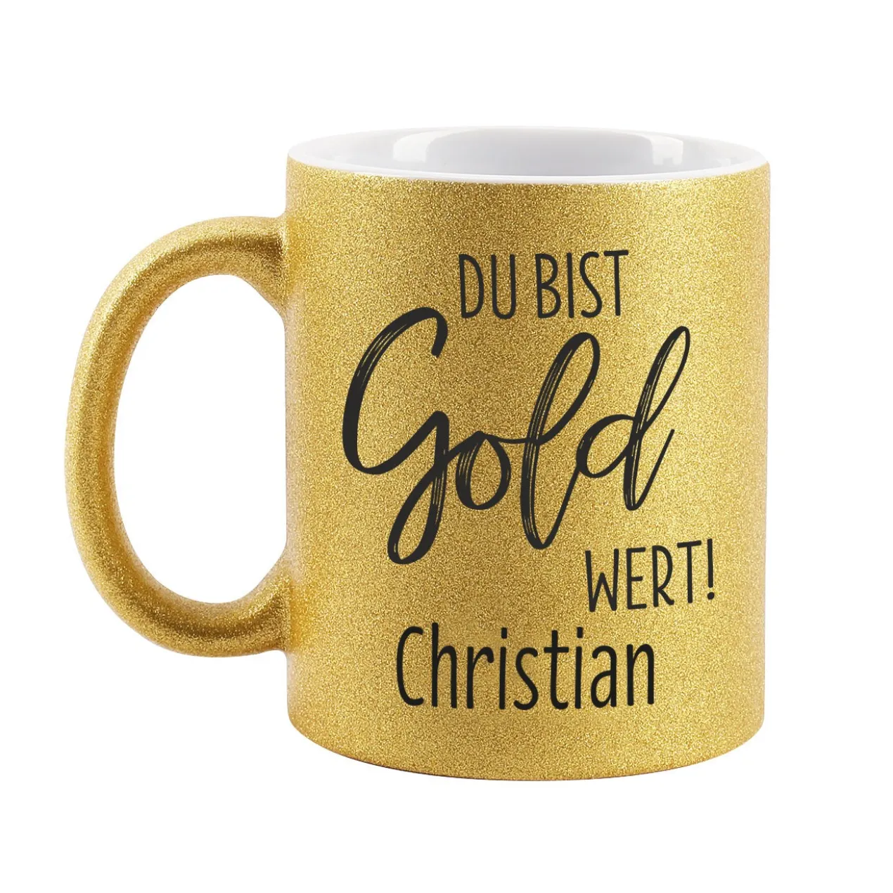 Goldtasse "Du bist Gold wert" mit Namen bedruckt