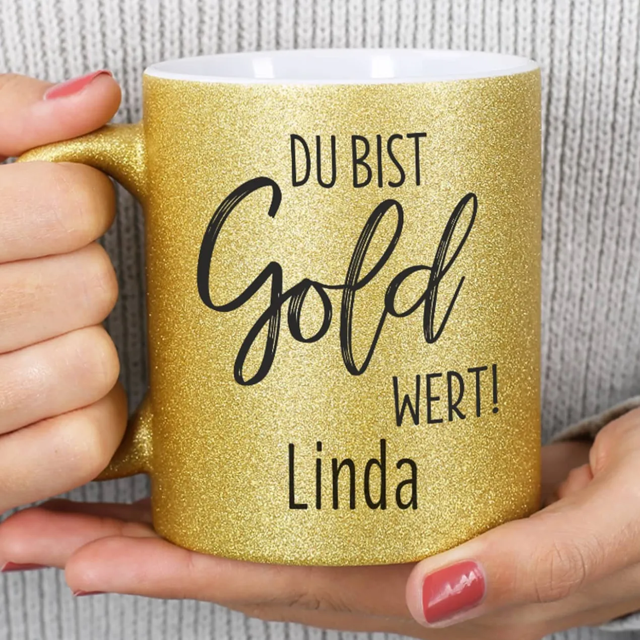 Goldtasse "Du bist Gold wert" mit Namen bedruckt
